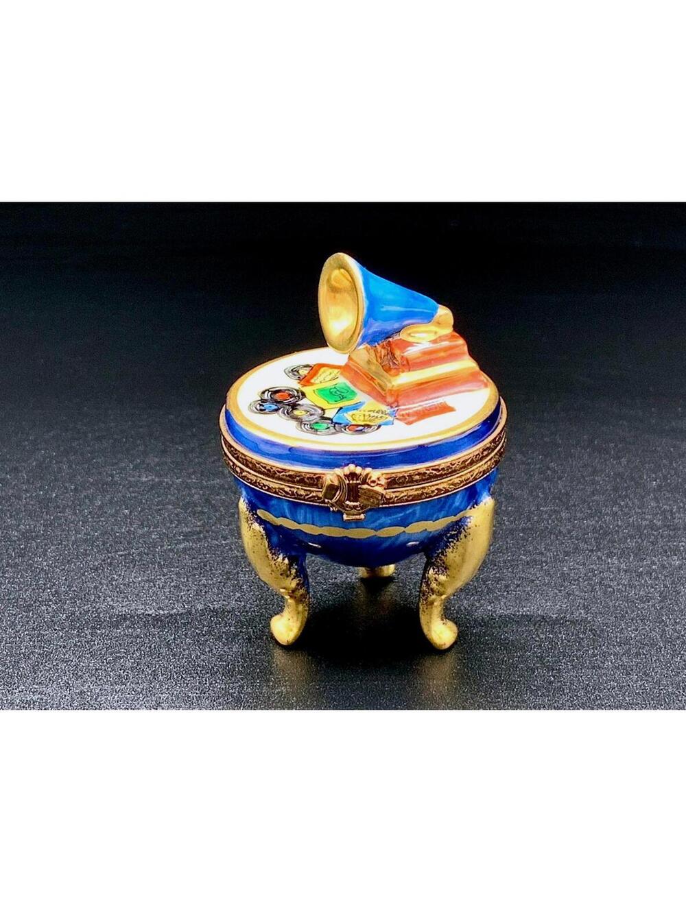 Vintage French Limoges Peint Main Trinket Box – Gramophone on Legs, Hand-Painted